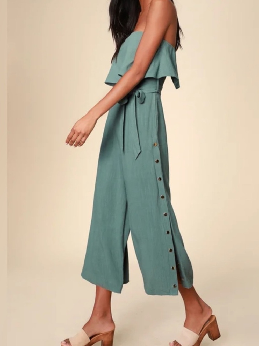 Lulu's Lanah Strapless Teal Button-Side Wide-Leg Jumpsuit